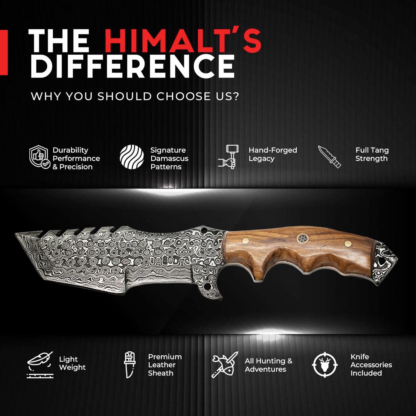 Damascus Steel Bowie Hunting Knife - Himalt
